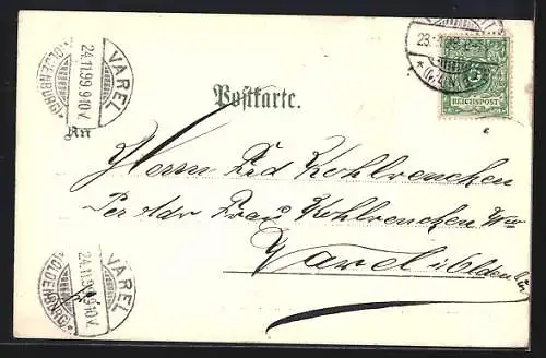 Lithographie Frankfurt a. M., Göthe-Haus, Römer und Göthe-Denkmal im Schnee