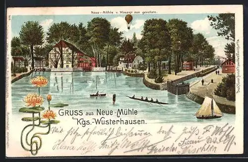 Lithographie Neue Mühle b. Königs Wusterhausen, Neue Mühle vom Wasser aus gesehen, Ballon