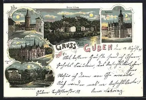 Lithographie Guben, Gasthof Schützenhaus, Dicker Thurm, Kreishaus, Grüne Wiese