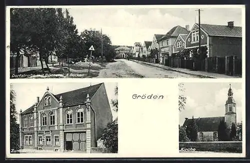 AK Gröden, Gasthaus Zum Schützenhaus, Dorfstrasse mit Bäckerei A. Becker, Kirche