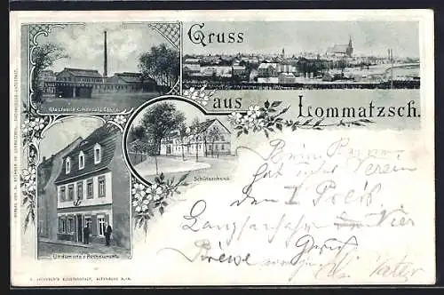 AK Lommatzsch, Restaurant Lindemann, Glasfabrik C. Menzel & Söhne, Schützenhaus