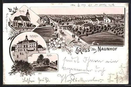 Lithographie Naunhof / Mulde, Kirche, Rathskeller, Mühle, Ortsansicht aus der Vogelschau