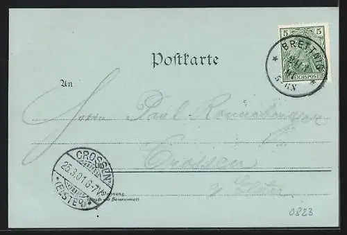 Mondschein-Lithographie Brettnig i. S., Gasthof Schützenhaus, Kasierliches Postamt, Turnhalle