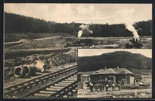 AK Bischdorf bei Löbau, Schiessstandbau, Ortspartie mit Eisenbahn