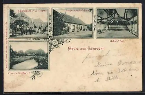 AK Edewecht, Gasthaus Schützenhof, Bes. O. A. Gehrels, Settje`s Geschäftshaus, Kramer`s Schiffswerft