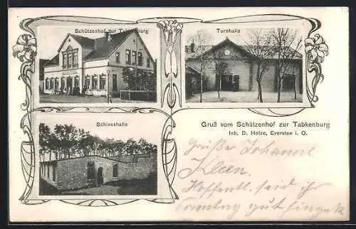 AK Eversten i. O., Gasthaus Schützenhof zur Tabkenburg, Schiesshalle und Turnhalle