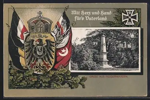 AK Fedderwarden, Kriegerdenkmal, Passepartout mit Fahnen, Reichsadler und eisernem Kreuz