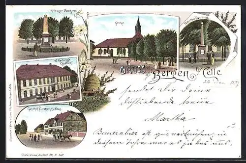 Lithographie Bergen / Lüneburger Heide, W. Hartung`s Gasthof, Gasthof Deutsches Haus, Kirche