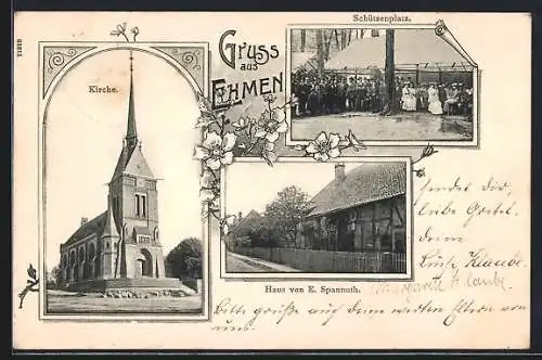 AK Ehmen, Gasthof Schützenplatz, Haus von E. Spannuth und Kirche im Passepartout