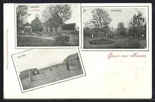 AK Husum / Nordsee, Gasthaus Schützenhof, Bes. N. Andresen, Gartenpartie und Tennisplatz