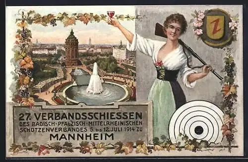 AK Mannheim, 27. Verbandsschiessen des badisch-pfälzisch-mittelrheinischen Schützenverbandes 1914, Dame mit Gewehr