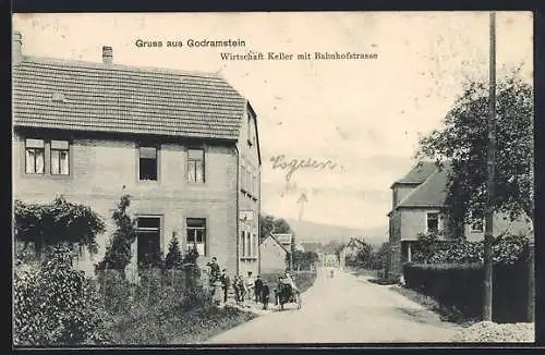 AK Godramstein, Gasthaus Keller mit Bahnhofstrasse