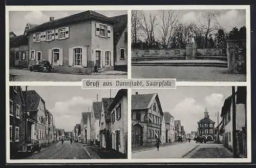 AK Dannstadt /Saarpfalz, Strassenpartien mit Geschäft von Hch. Renner, Denkmal und Autos