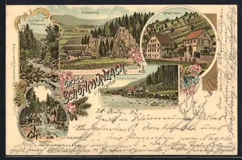 Lithographie Schönmünzach, Wasserfall Raumünzach, Mung-Partie, Schwarzenberg