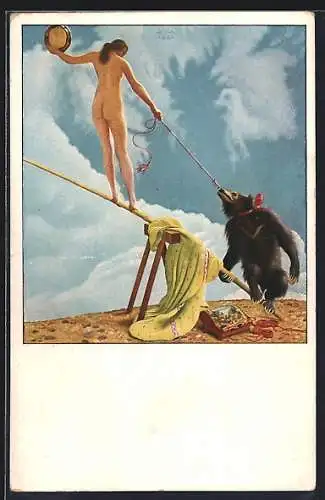 Künstler-AK Richard Müller: Auf der Schaukel, nackte junge Frau mit Bär