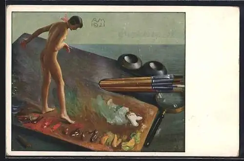 Künstler-AK Richard Müller: nackte Frau auf einer Maler-Palette