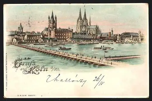 Lithographie Köln a. Rh., Rheinpartie mit Dom, Leuchtende Fenster bei Halt gegen das Licht