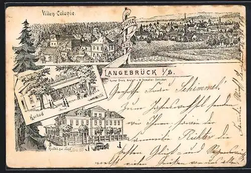 Vorläufer-Lithographie Langebrück i. S., 1895, Hotel zur Post, Villen-Colonie, Kurbad und Totalansicht