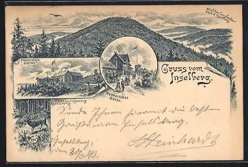 Vorläufer-Lithographie Inselberg, 1893, Gothaisches Hotel, Preussischer Gasthof, Blick von Tanzbuche