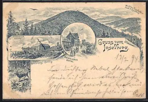 Vorläufer-Lithographie Inselberg, 1894, Gothaisches Hotel, Preussischer Gasthof und Blick v. Tanzbuche