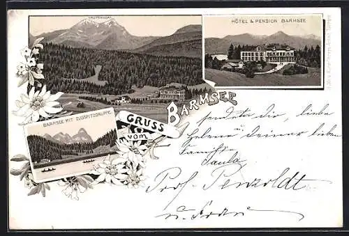 Vorläufer-Lithographie Barmsee, 1895, Hotel-Pension Barmsee, See mit Zugspitze