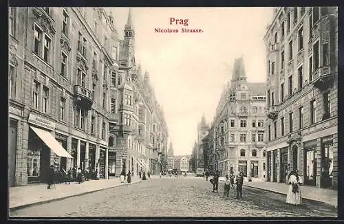 AK Prag / Praha, Nicolaus Strasse mit Geschäften