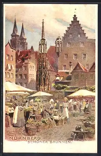 AK Nürnberg, Schöner Brunnen mit Markt