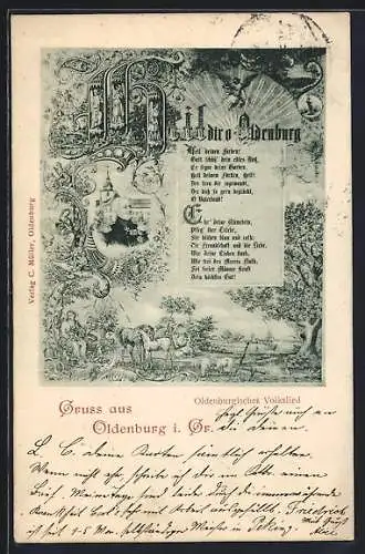 Künstler-AK Oldenburg / O., Liedtext Heil dir o Oldenburg, Flusslandschaft und Porträt