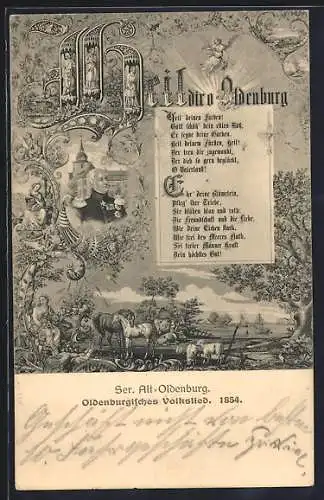 Künstler-AK Oldenburg / O., Liedtext Heil dir o Oldenburg, Flusslandschaft und Porträt