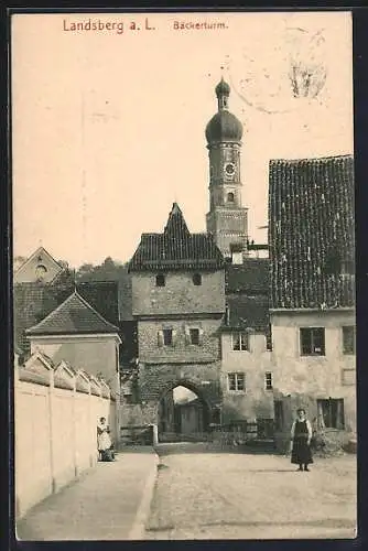 AK Landsberg a. L., Partie vor dem Bäckerturm