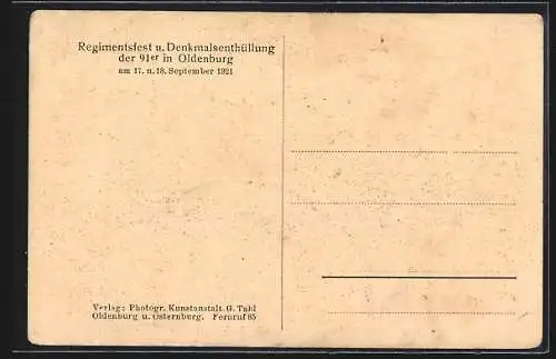 AK Oldenburg / O., Regimentsfest und Denkmalsenthüllung der 91er 1921, Begrüssund v. Hindenburgs