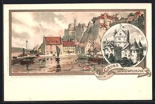 Künstler-AK K. Mutter: Meersburg, Segelschiff auf dem Wasser, Blick auf die Burg