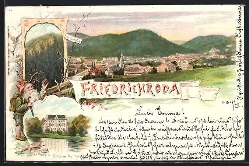 Lithographie Friedrichroda, Gesamtansicht, Schloss Reinhardsbrunn, 9.1.1899