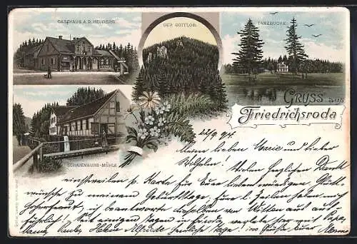 Lithographie Friedrichroda, Gasthaus a. d. Heuberg, Schauenburg-Mühle, Tanzbuch