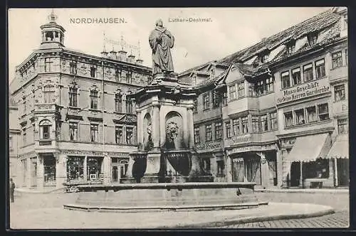 AK Nordhausen, Luther-Denkmal und Schuhgeschäft von Carl Weddige