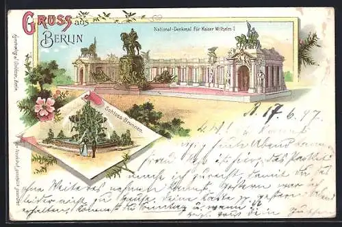 Lithographie Berlin, Schlossbrunnen, National-Denkmal für Kaiser Wilhelm I.