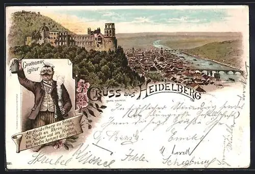 Lithographie Heidelberg / Neckar, Stadtpanorama und Student mit Bierkrug