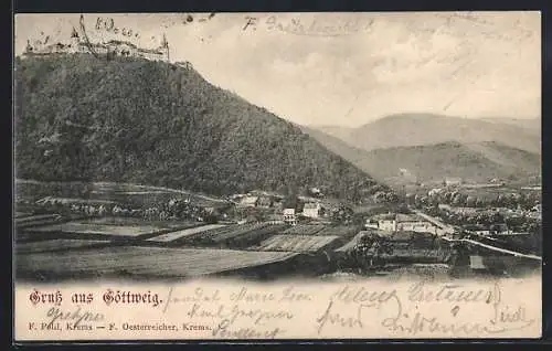 AK Göttweig, Gesamtansicht mit Stift und Bergpanorama