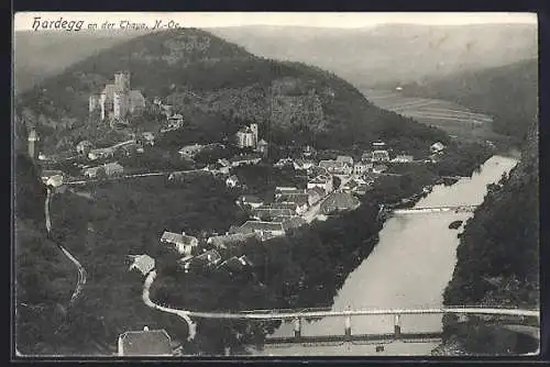 AK Hardegg / Thaya, Totalansicht mit Fluss und Gebirge