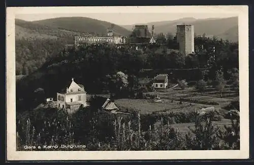 AK Gars am Kamp, Ortspartie mit Burgruine aus der Vogelschau