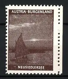 Reklamemarke Burgenland, Neusiedlersee, Segelboot im Sonnenuntergang