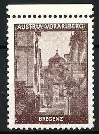 Reklamemarke Bregenz, Austria-Vorarlberg, historische Strassenszene