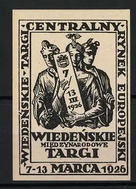 Reklamemarke Wien, Wiedenskie Miedzynarodowe Targi 1926, zwei Figuren mit Inschrift