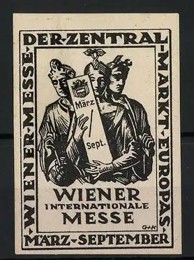 Reklamemarke Wien, Internationale Messe, Figuren mit Schild 1920