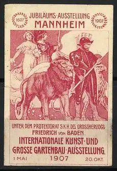 Reklamemarke Mannheim, Jubiläums-Ausstellung 1907, Löwe und historische Figuren