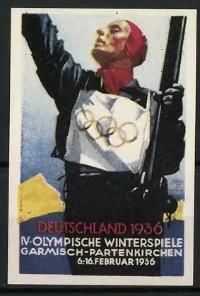 Künstler-Reklamemarke Ludwig Hohlwein, Garmisch-Partenkirchen, IV. Olympische Winterspiele 1936, Olympia Skifahrer