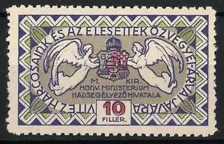 Reklamemarke Ungarn, M. Kir. Honv. Ministerium, Wappen mit zwei Engeln