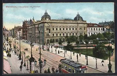 AK Mannheim, Strassenbahn an der Hauptpost mit Planken