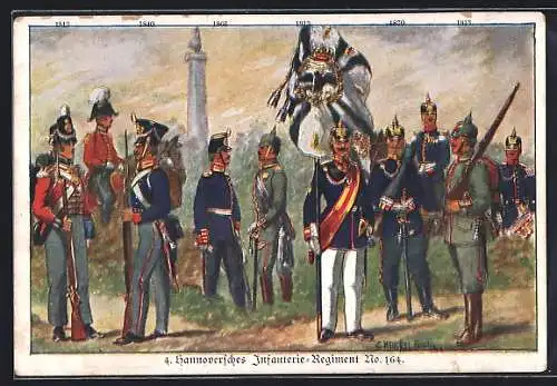 Lithographie Uniformen des 4. Hannoversches Infanterie-Regiement, Standarte mit Reichsadler