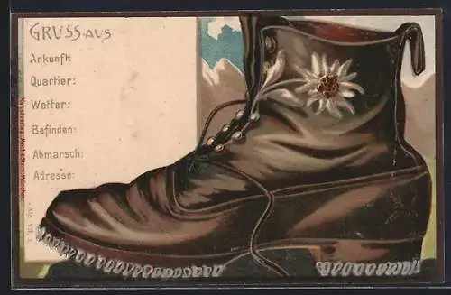 Lithographie Bergsteigerschuh mit Edelweiss-Applikation und Spikes um 1900